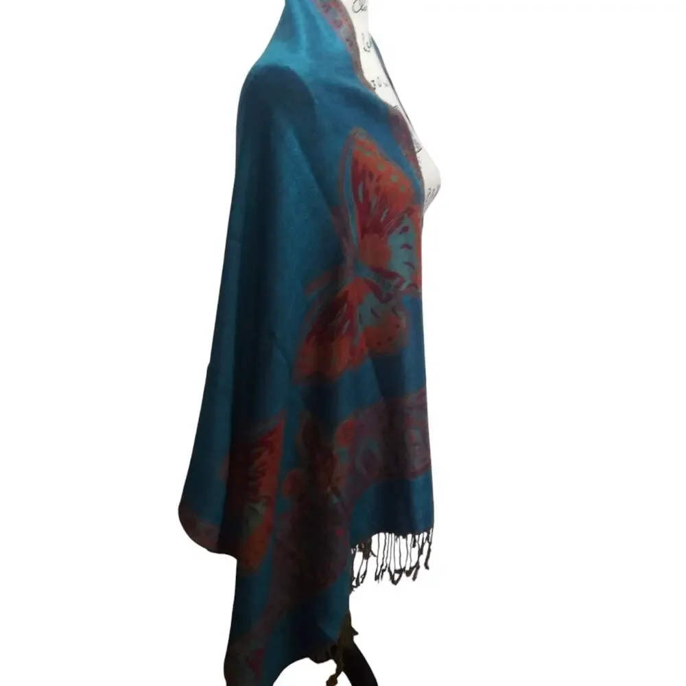Blue Elegant Blue Butterfly Fringe Novelty Spring Summer Scarf Shawl